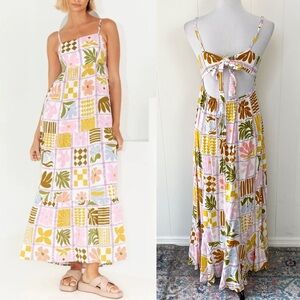 Paper Heart Dress Sleeveless Sz L  Floral Stamps Rayon Garden Plants Tie Back